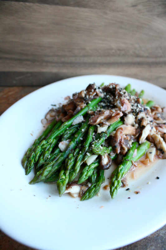 asparagus with sautéed mushrooms and gomasio {wholly rooted}