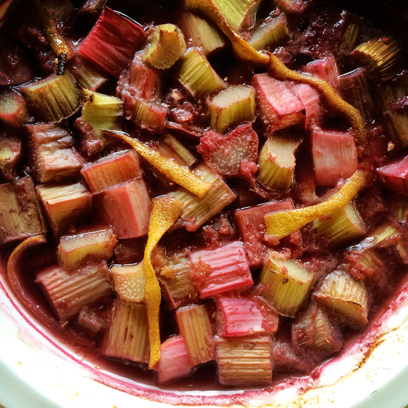 Rhubarb roasted with hibiscus tea, red wine, lemon peel, ginger {wholly rooted}